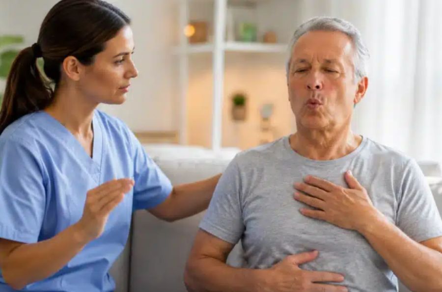 hombre haciendo ejercicios respiratorios en casa